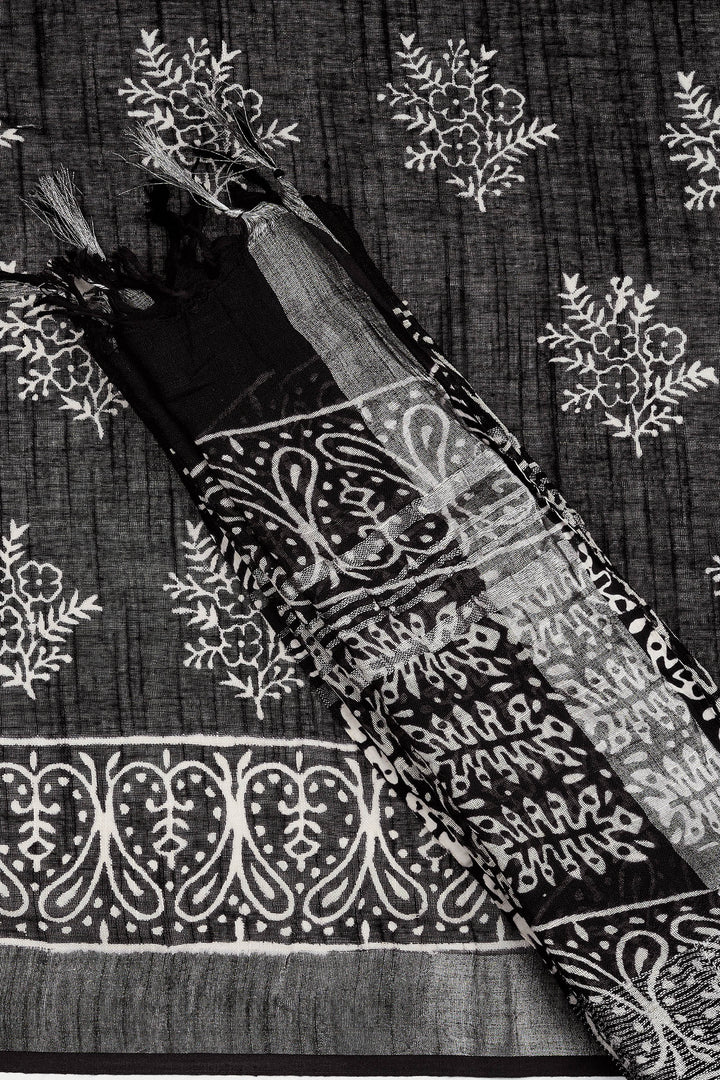 Teejh Dayani Black Hand Blockprint Saree