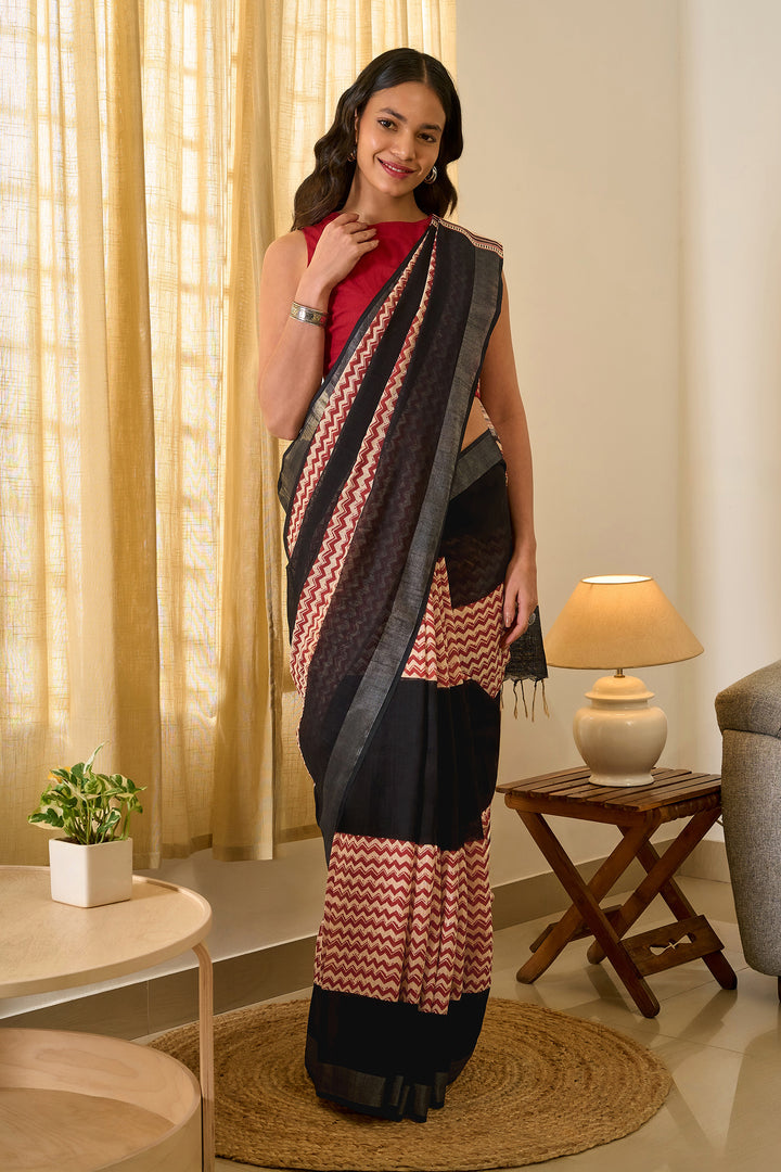 Teejh Ismira Black and Red Hand Blockprint Saree