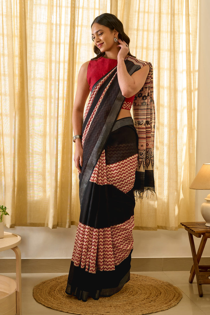 Teejh Ismira Black and Red Hand Blockprint Saree