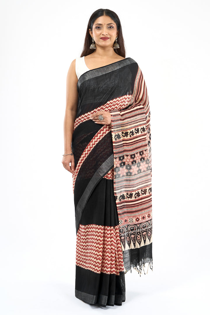 Teejh Ismira Black and Red Hand Blockprint Saree