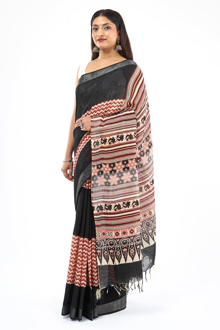 Teejh Ismira Black and Red Hand Blockprint Saree