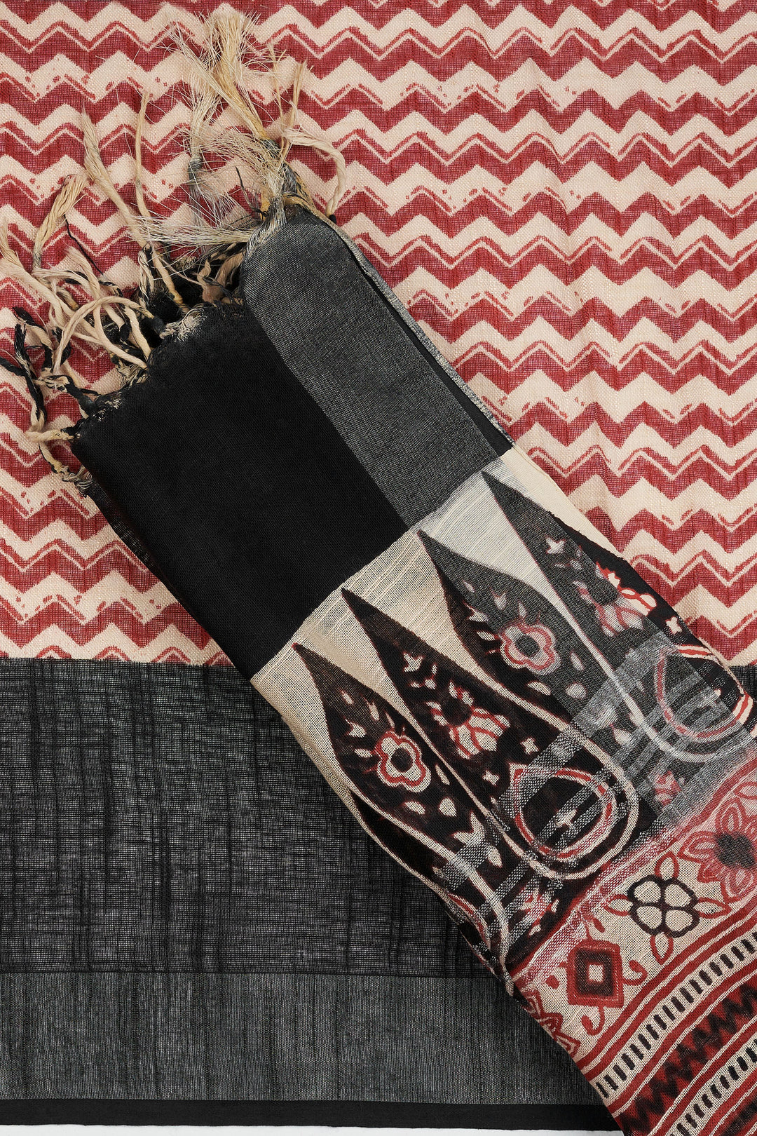 Teejh Ismira Black and Red Hand Blockprint Saree