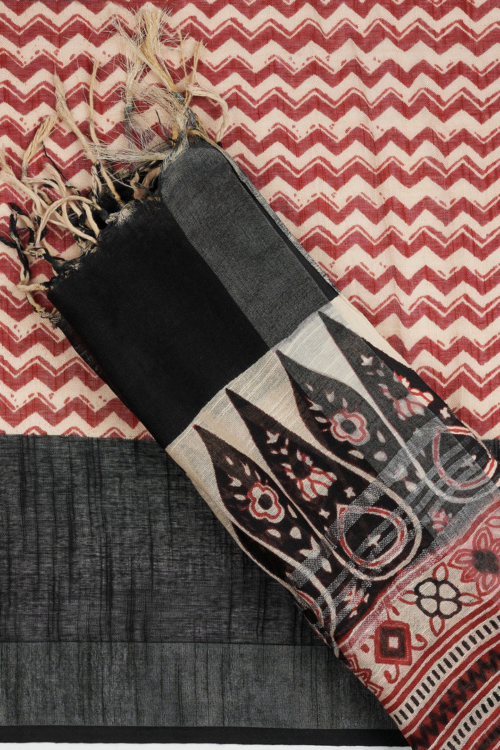 Teejh Ismira Black and Red Hand Blockprint Saree