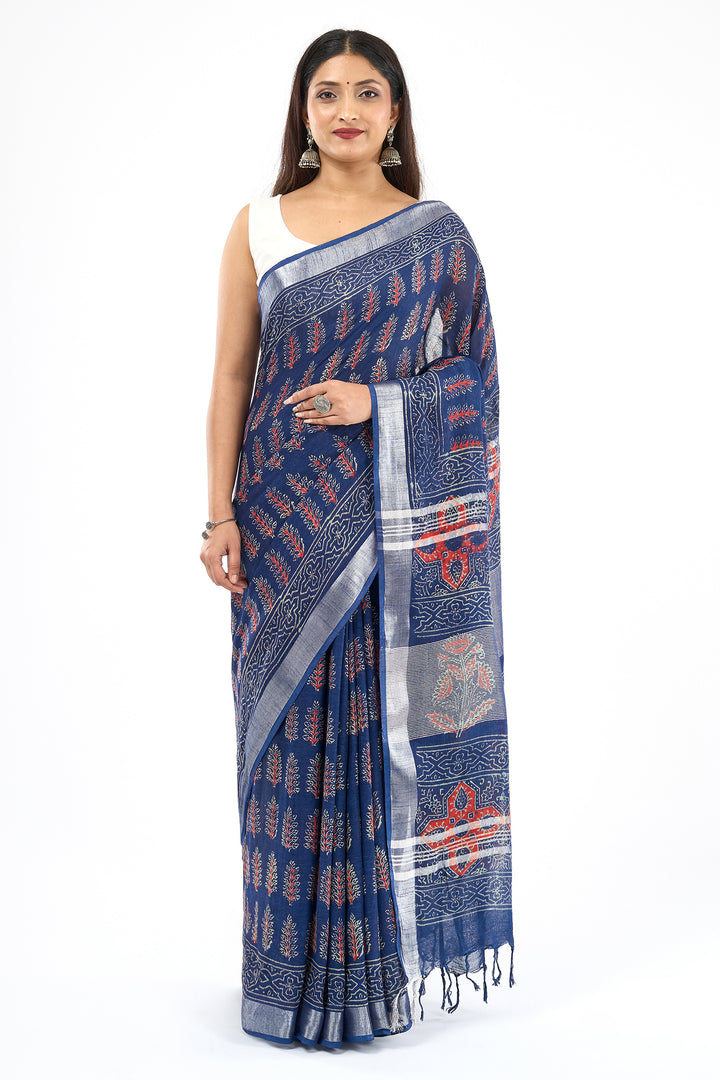 Teejh Kritaali Indigo &amp; Red Hand Blockprint Saree