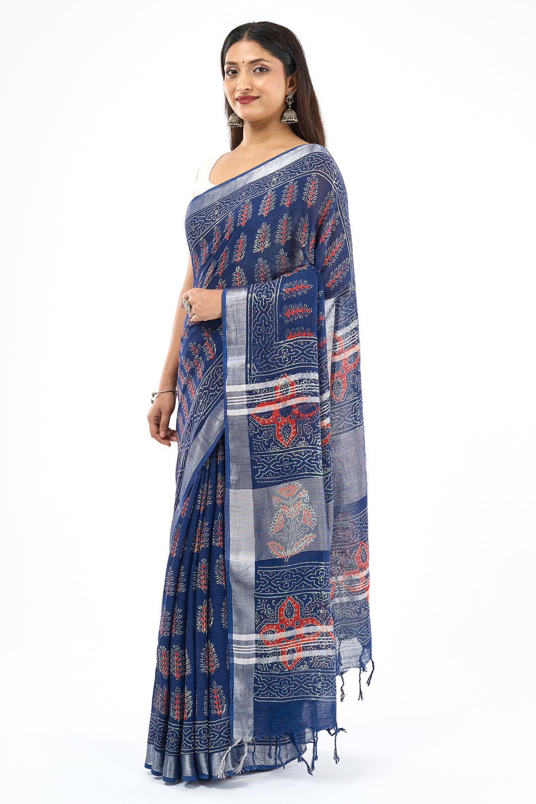 Teejh Kritaali Indigo &amp; Red Hand Blockprint Saree