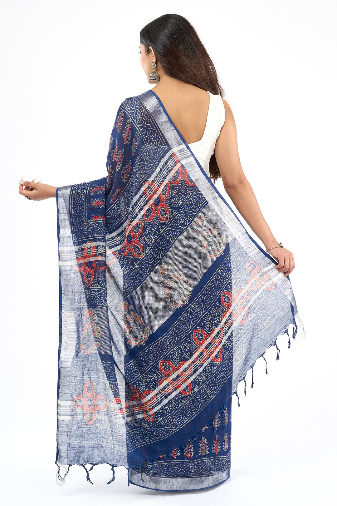 Teejh Kritaali Indigo &amp; Red Hand Blockprint Saree