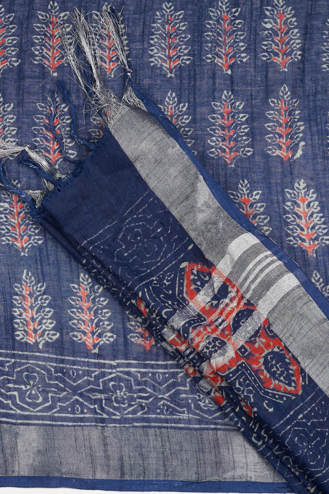 Teejh Kritaali Indigo &amp; Red Hand Blockprint Saree