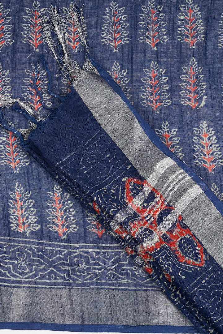 Teejh Kritaali Indigo &amp; Red Hand Blockprint Saree