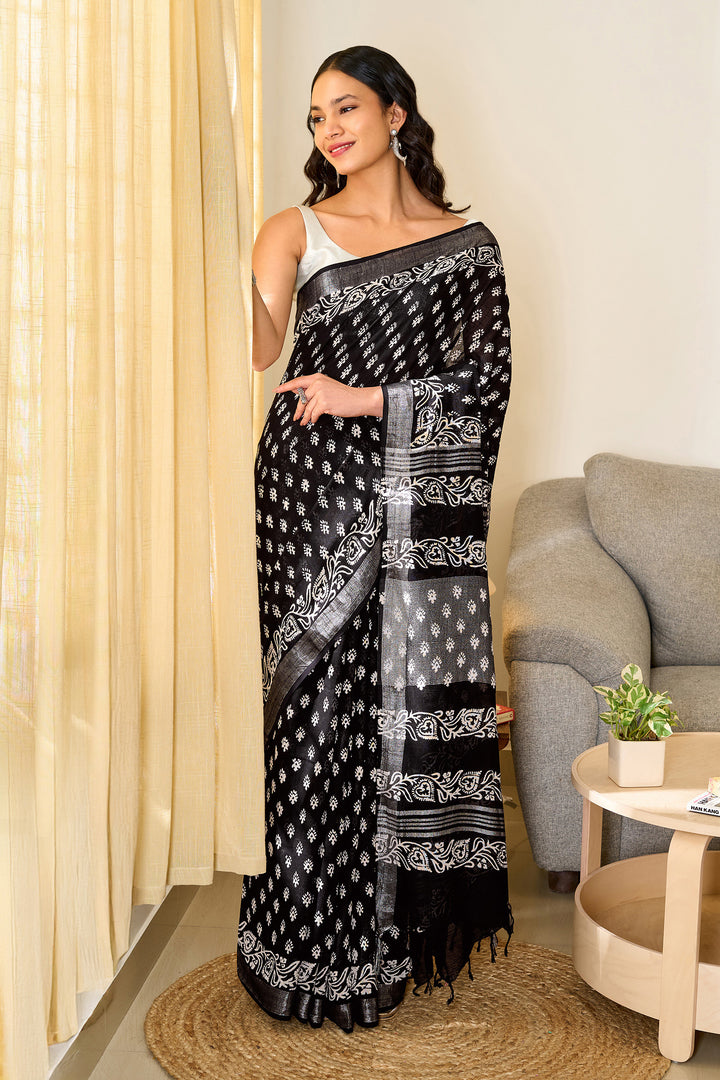 Teejh Navisha Black Hand Blockprint Saree