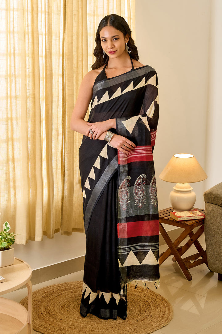 Teejh Vedrani Black &amp; Red Hand Blockprint Saree