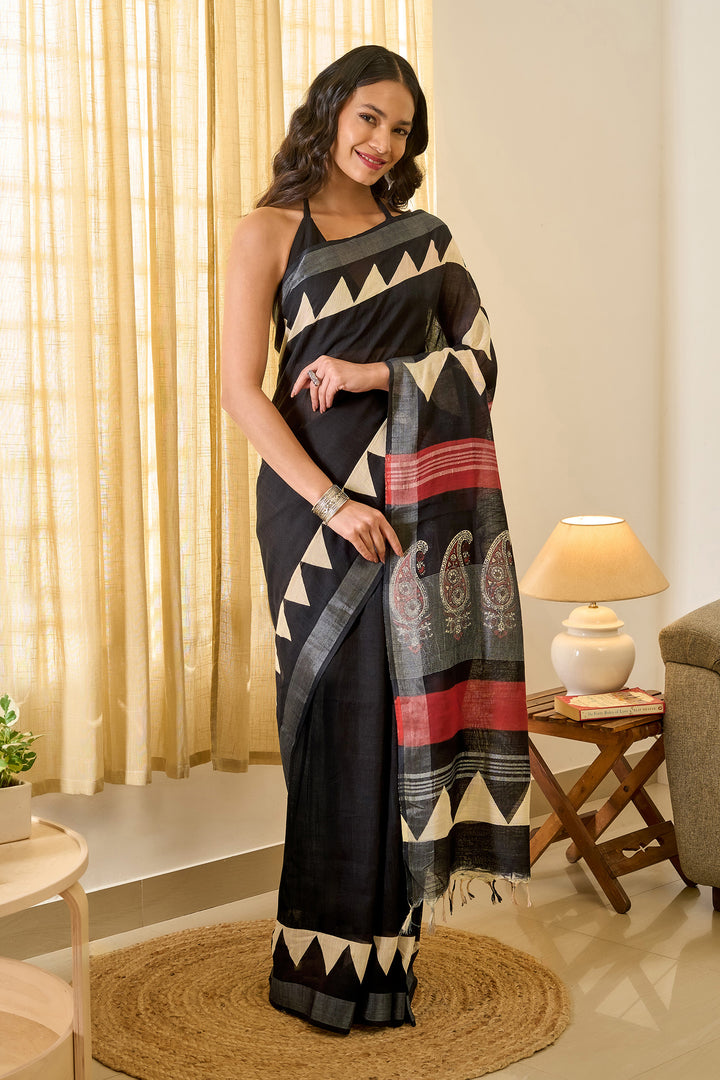 Teejh Vedrani Black &amp; Red Hand Blockprint Saree