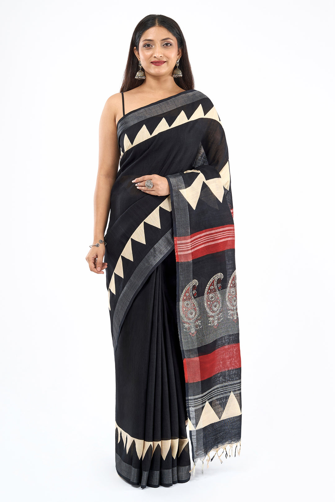 Teejh Vedrani Black &amp; Red Hand Blockprint Saree