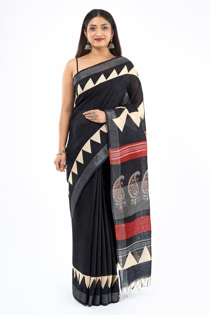 Teejh Vedrani Black &amp; Red Hand Blockprint Saree