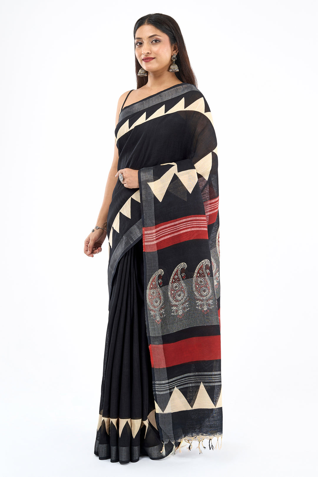 Teejh Vedrani Black &amp; Red Hand Blockprint Saree