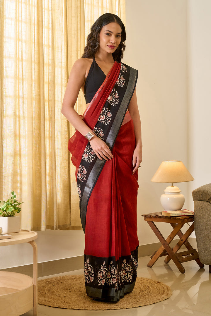 Teejh Saanviki Black &amp; Red Hand Blockprint Saree