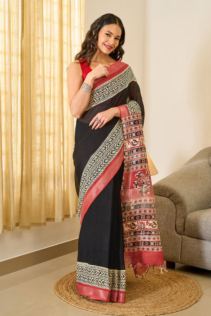 Teejh Aruvya Black &amp; Red Hand Blockprint Saree