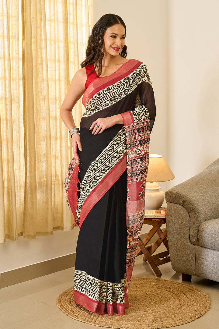 Teejh Aruvya Black &amp; Red Hand Blockprint Saree