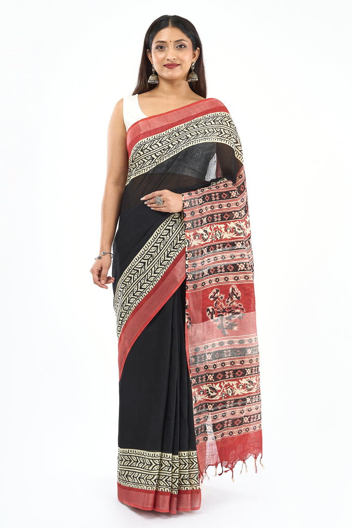 Teejh Aruvya Black &amp; Red Hand Blockprint Saree