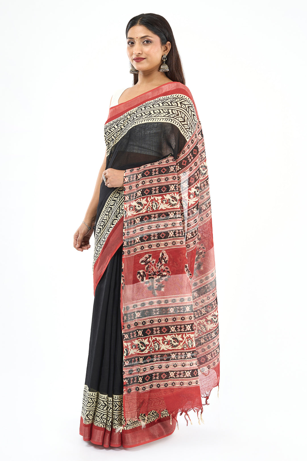 Teejh Aruvya Black &amp; Red Hand Blockprint Saree