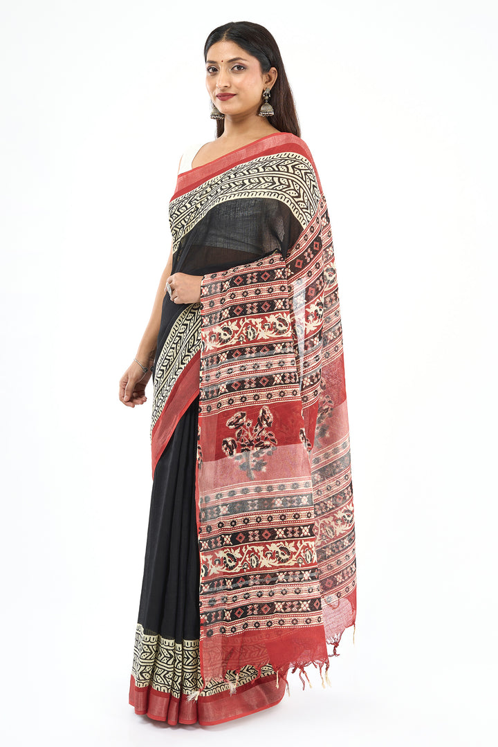 Teejh Aruvya Black &amp; Red Hand Blockprint Saree