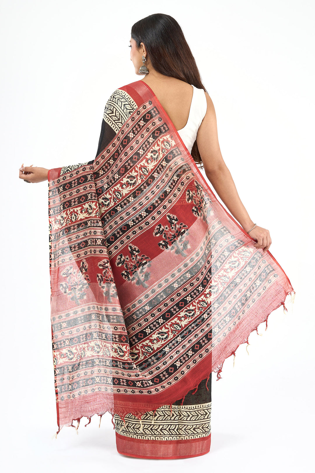 Teejh Aruvya Black &amp; Red Hand Blockprint Saree
