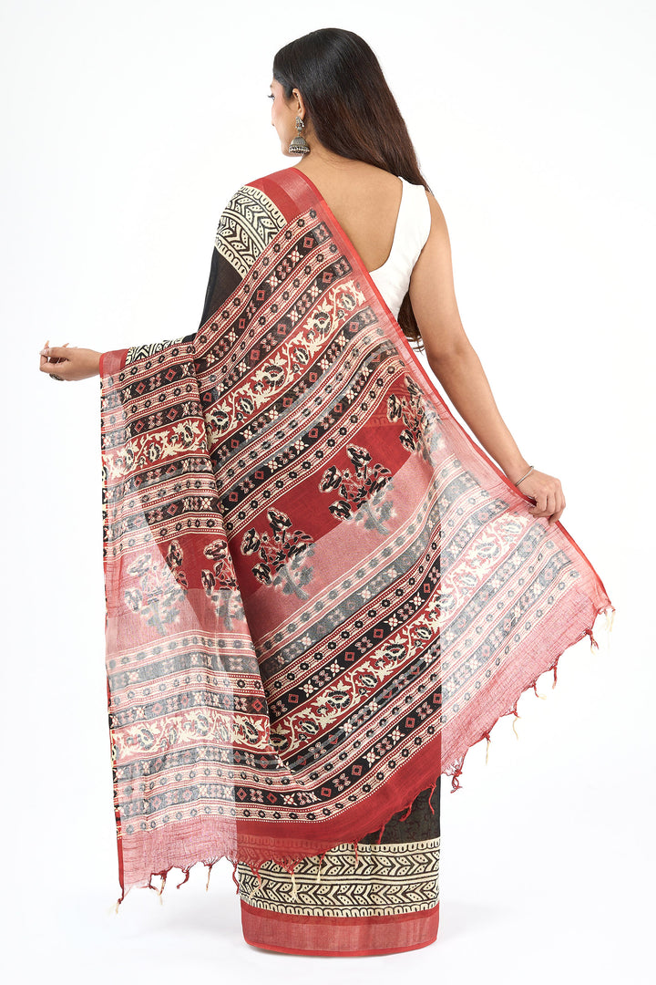 Teejh Aruvya Black &amp; Red Hand Blockprint Saree