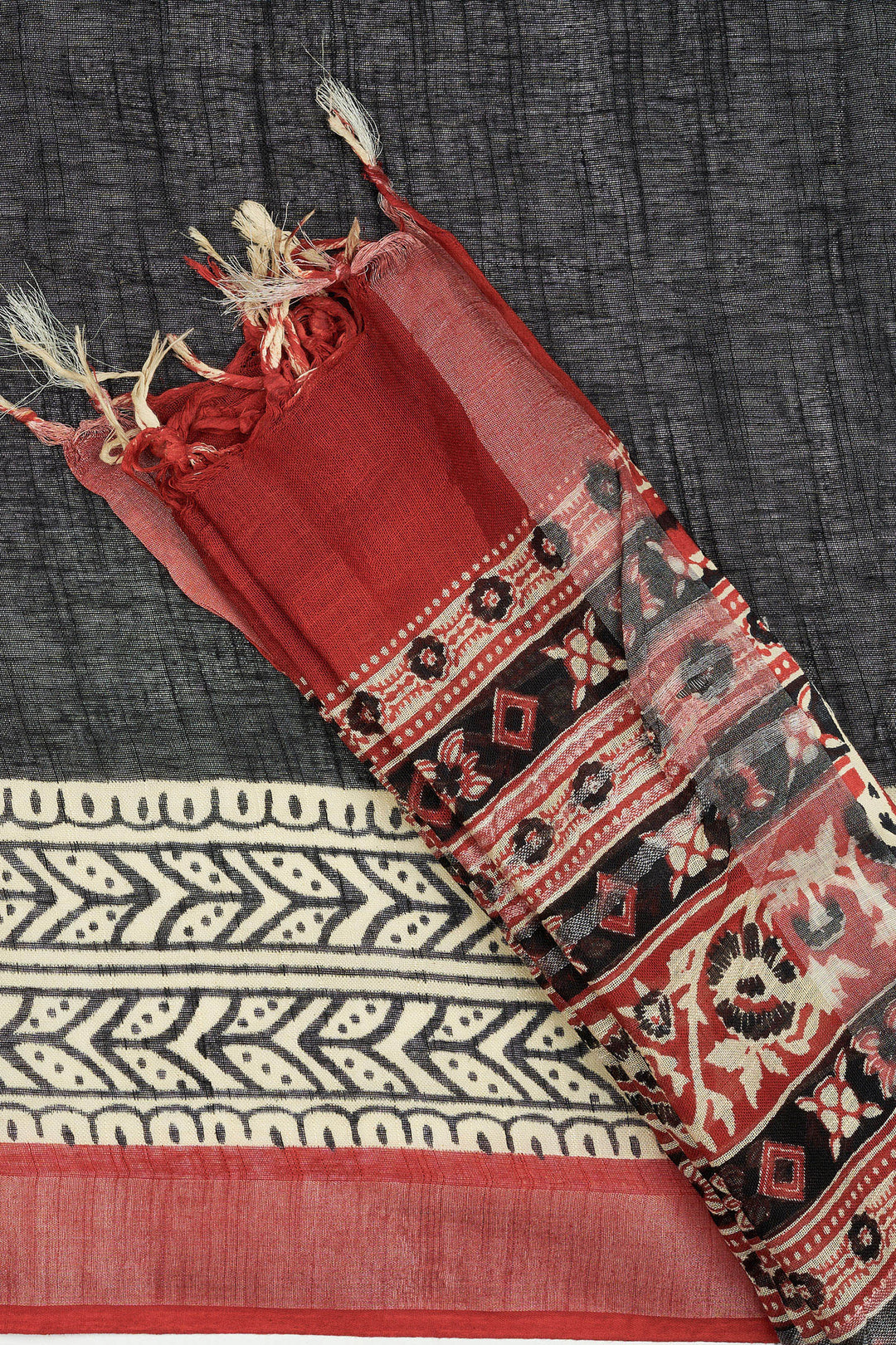 Teejh Aruvya Black &amp; Red Hand Blockprint Saree