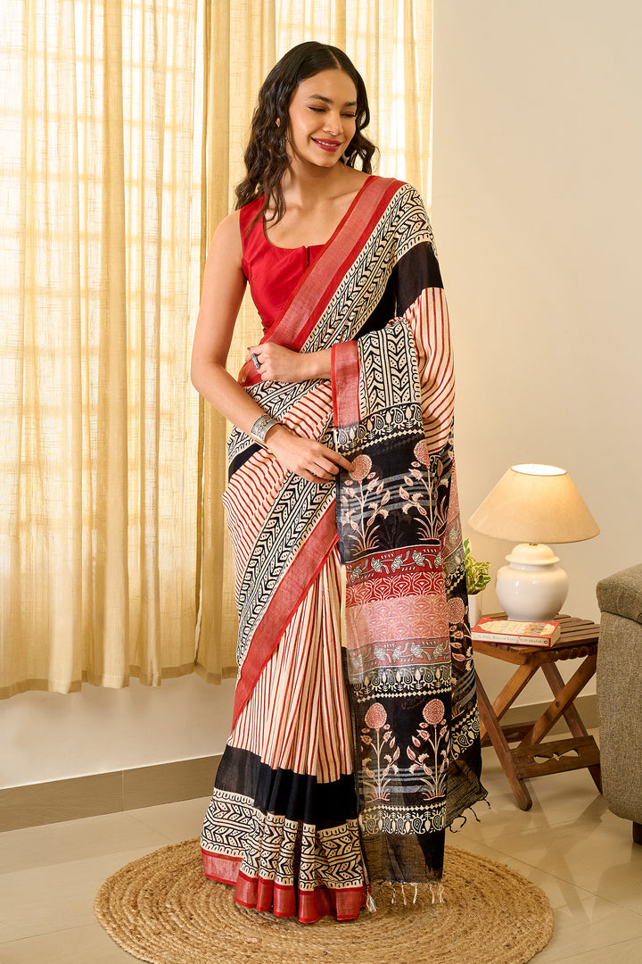 Teejh Maahira Red &amp; Black Hand Blockprint Saree