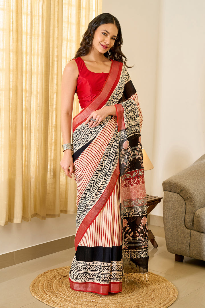 Teejh Maahira Red &amp; Black Hand Blockprint Saree