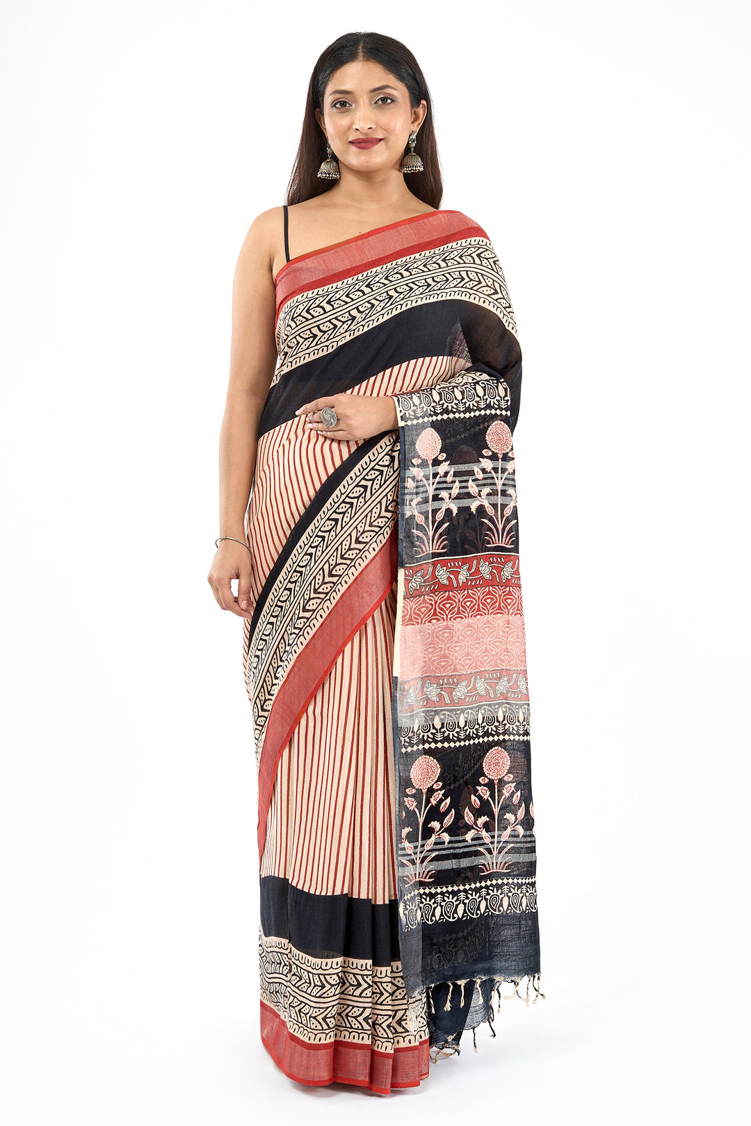 Teejh Maahira Red &amp; Black Hand Blockprint Saree