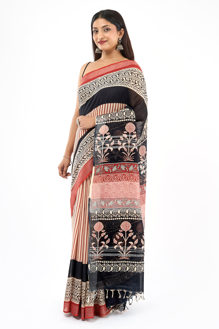 Teejh Maahira Red &amp; Black Hand Blockprint Saree