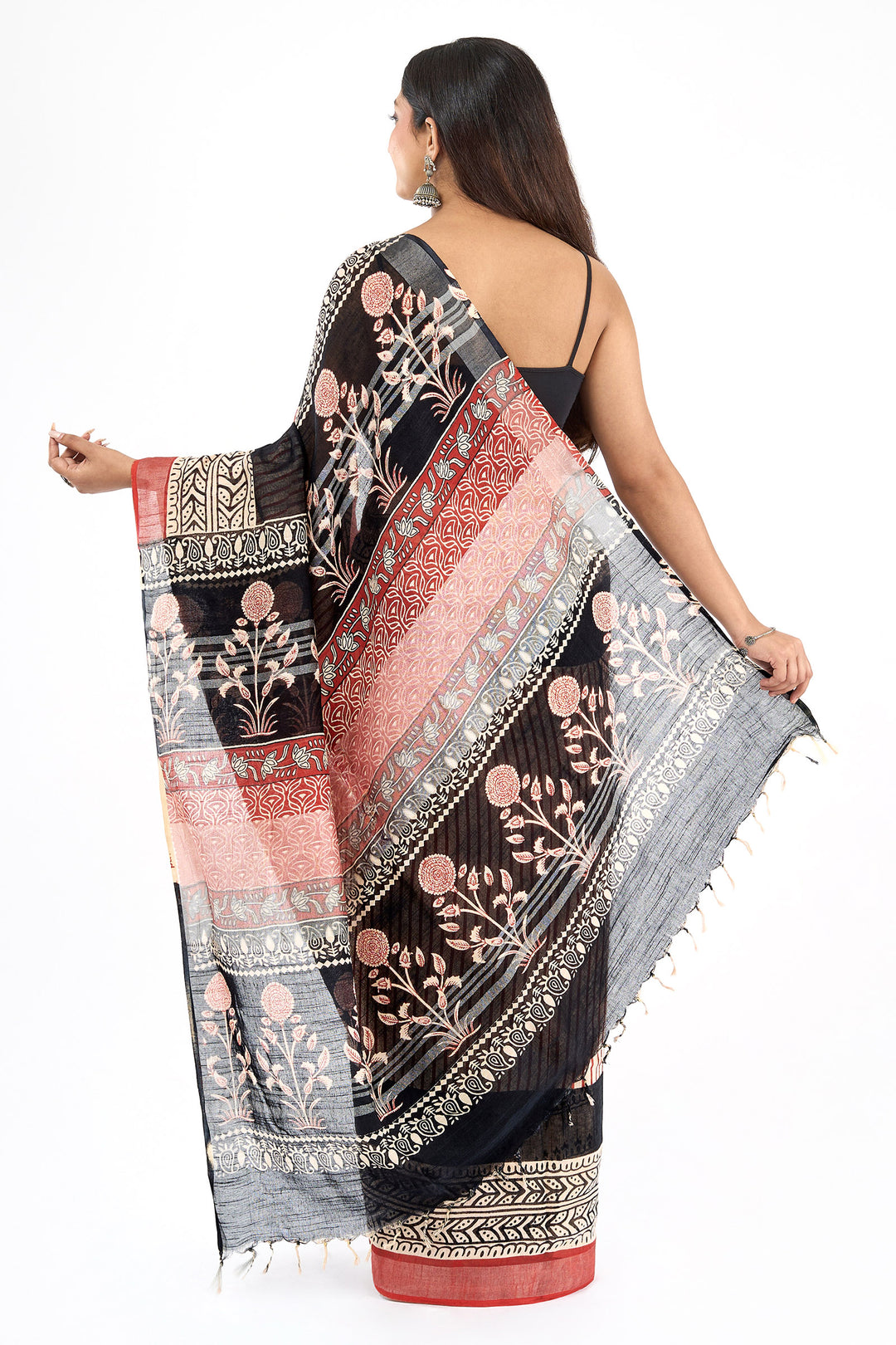 Teejh Maahira Red &amp; Black Hand Blockprint Saree