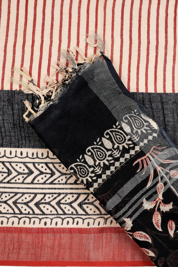 Teejh Maahira Red &amp; Black Hand Blockprint Saree
