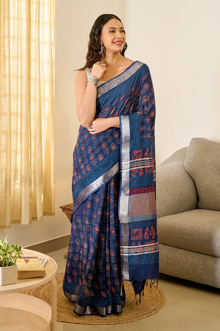 Teejh Ekila Indigo &amp; Red Hand Blockprint Saree