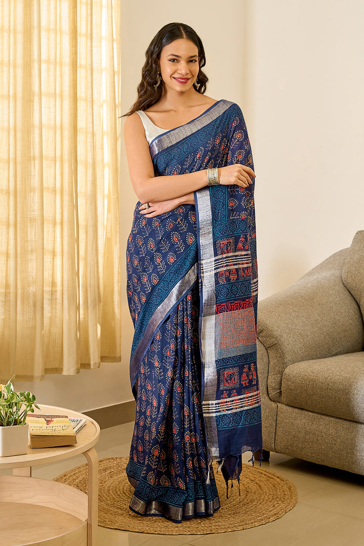 Teejh Ekila Indigo &amp; Red Hand Blockprint Saree