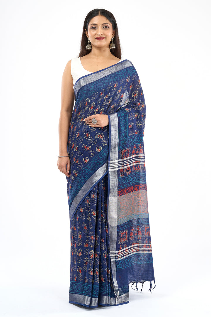 Teejh Ekila Indigo &amp; Red Hand Blockprint Saree