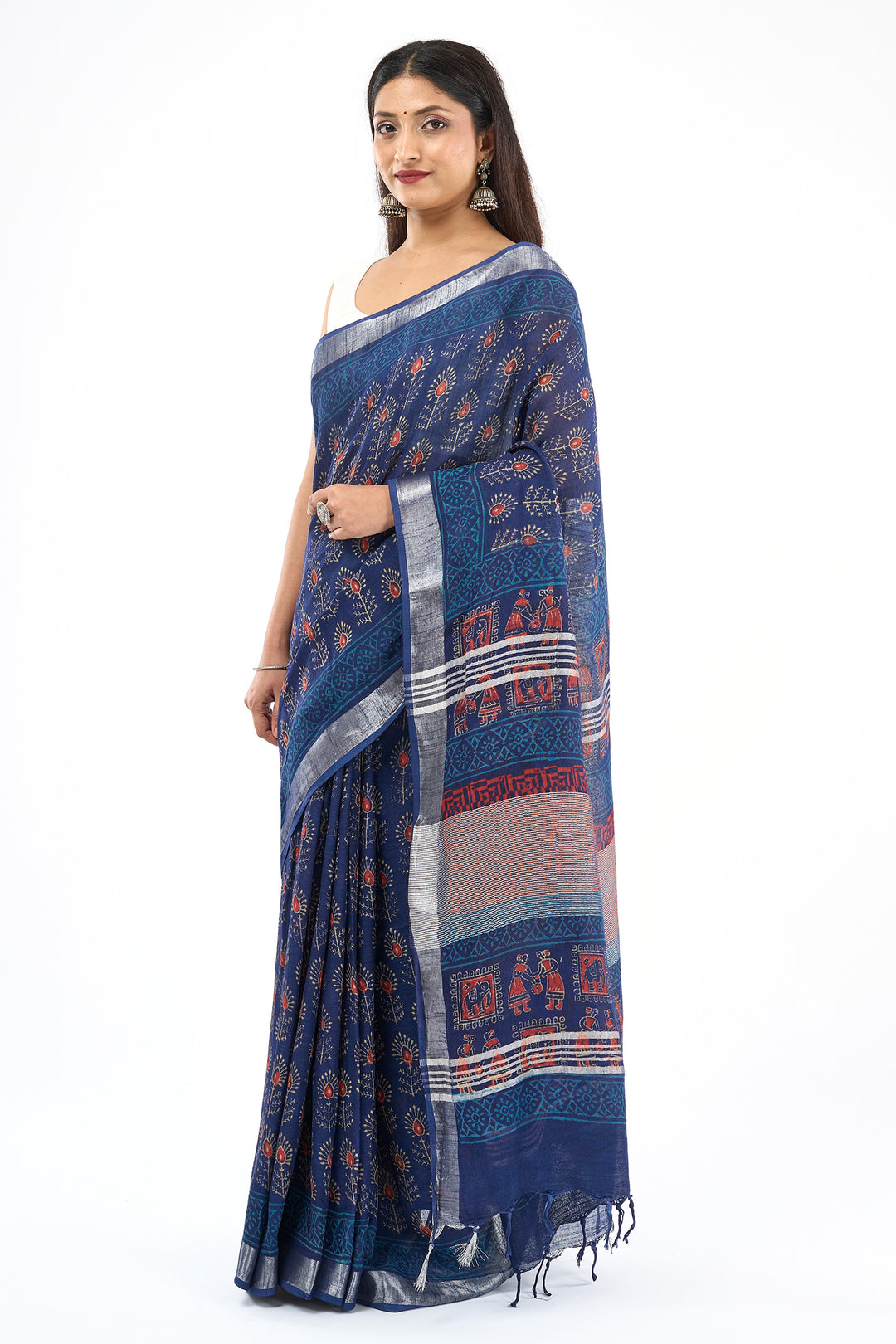 Teejh Ekila Indigo &amp; Red Hand Blockprint Saree