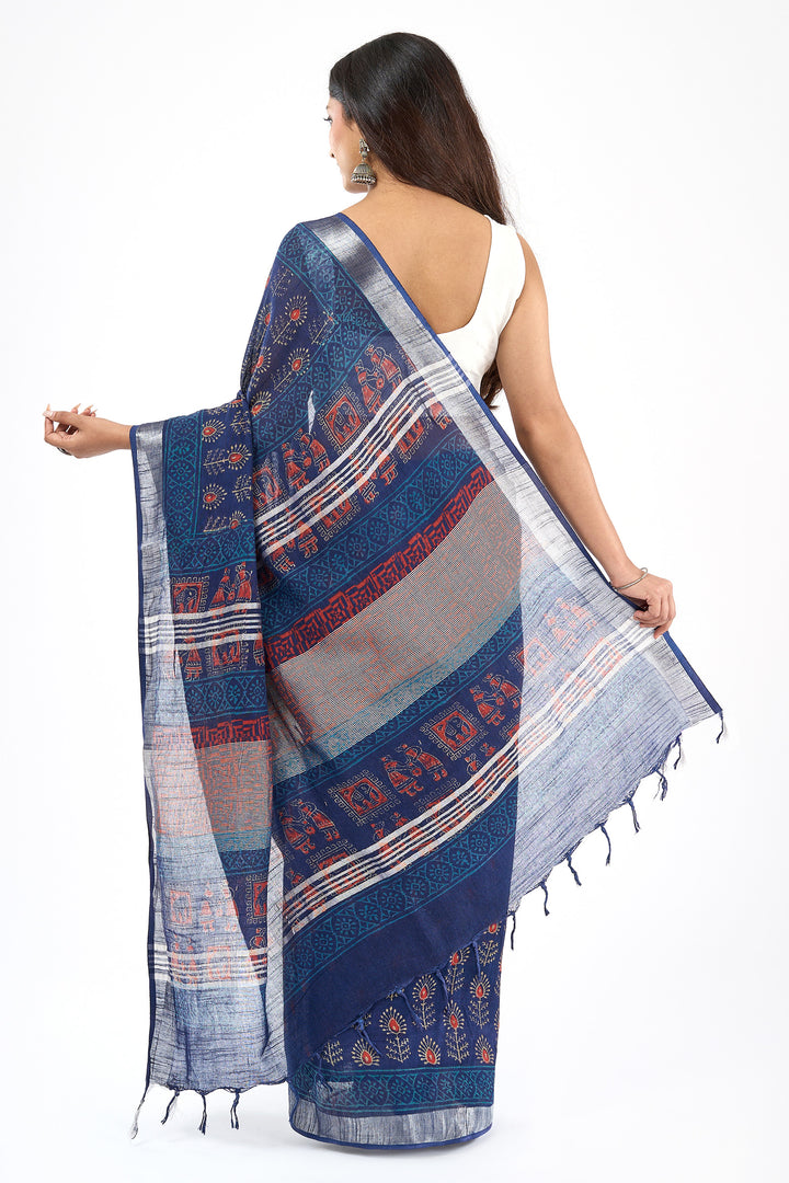 Teejh Ekila Indigo &amp; Red Hand Blockprint Saree