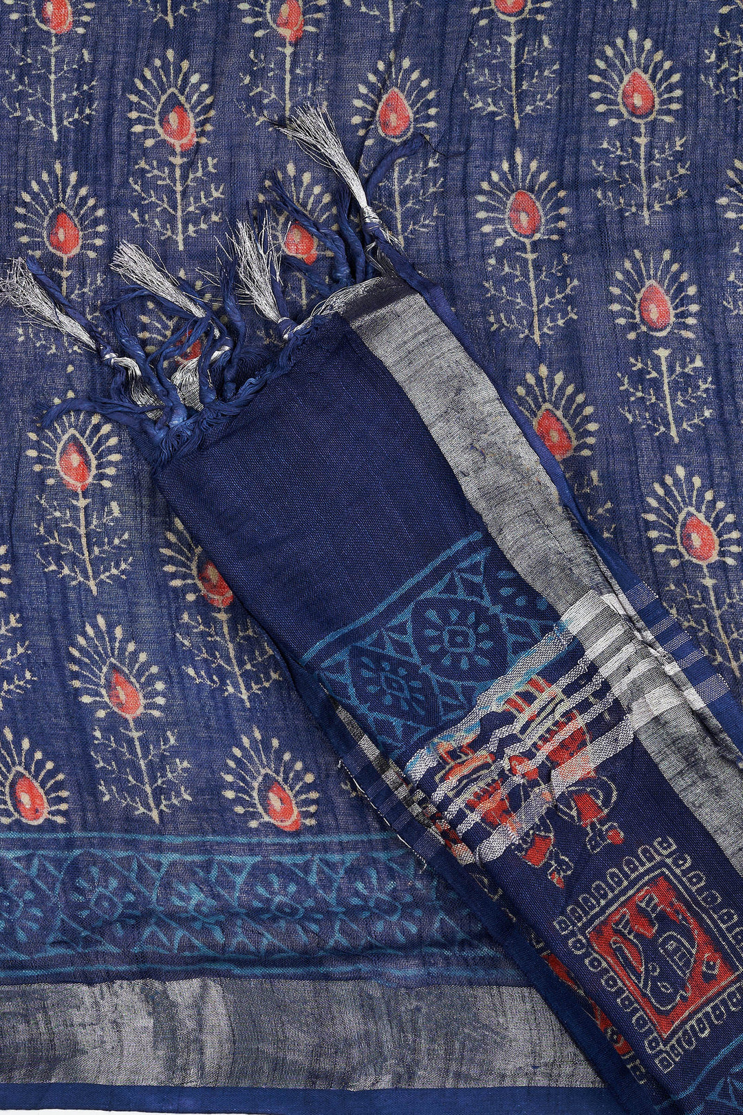 Teejh Ekila Indigo &amp; Red Hand Blockprint Saree