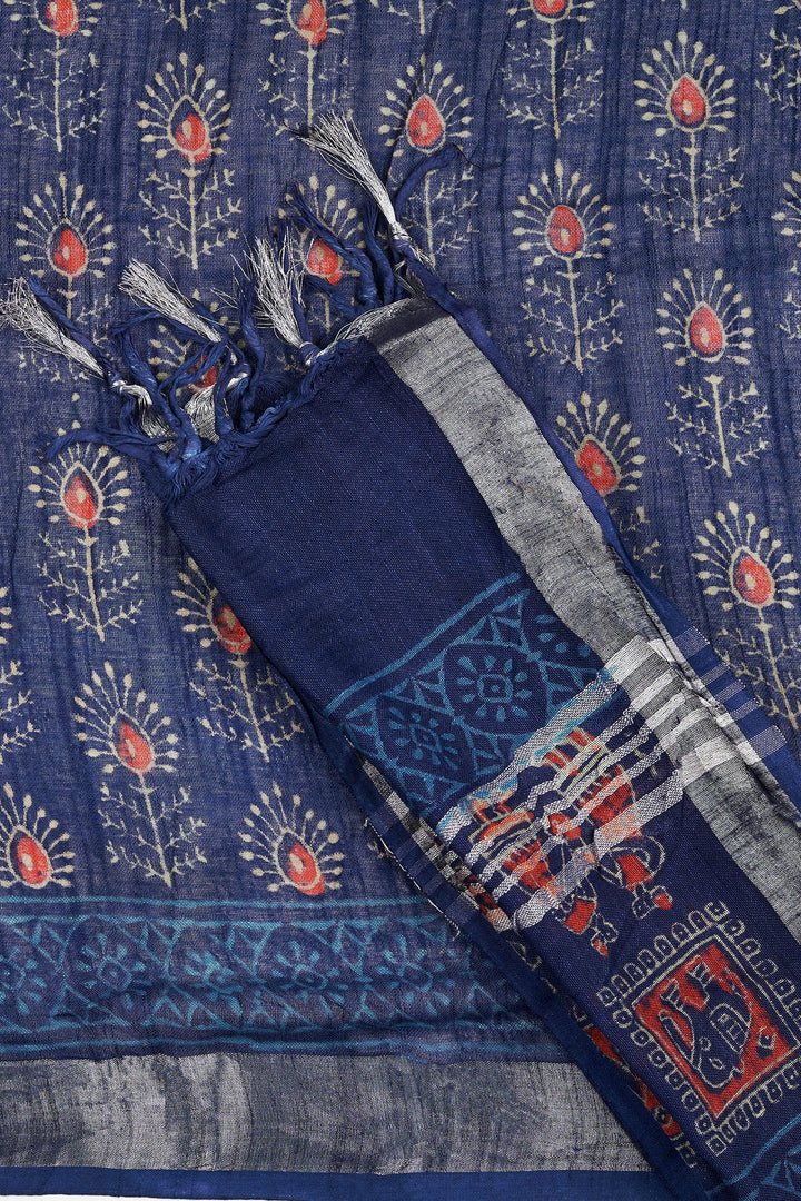 Teejh Ekila Indigo &amp; Red Hand Blockprint Saree