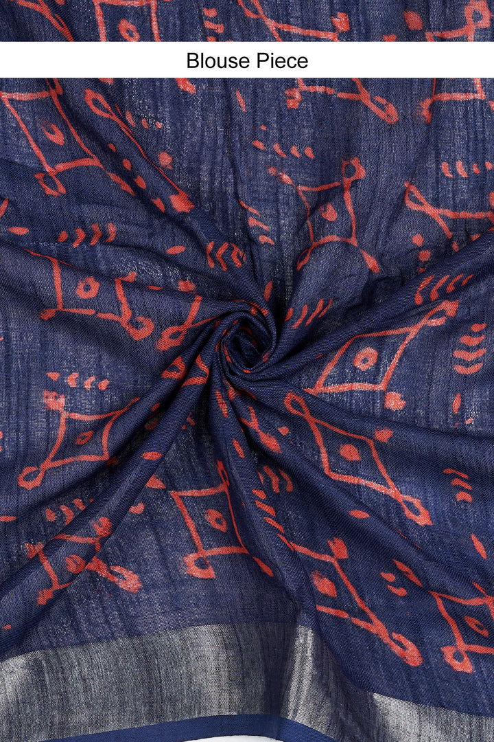 Teejh Ekila Indigo &amp; Red Hand Blockprint Saree