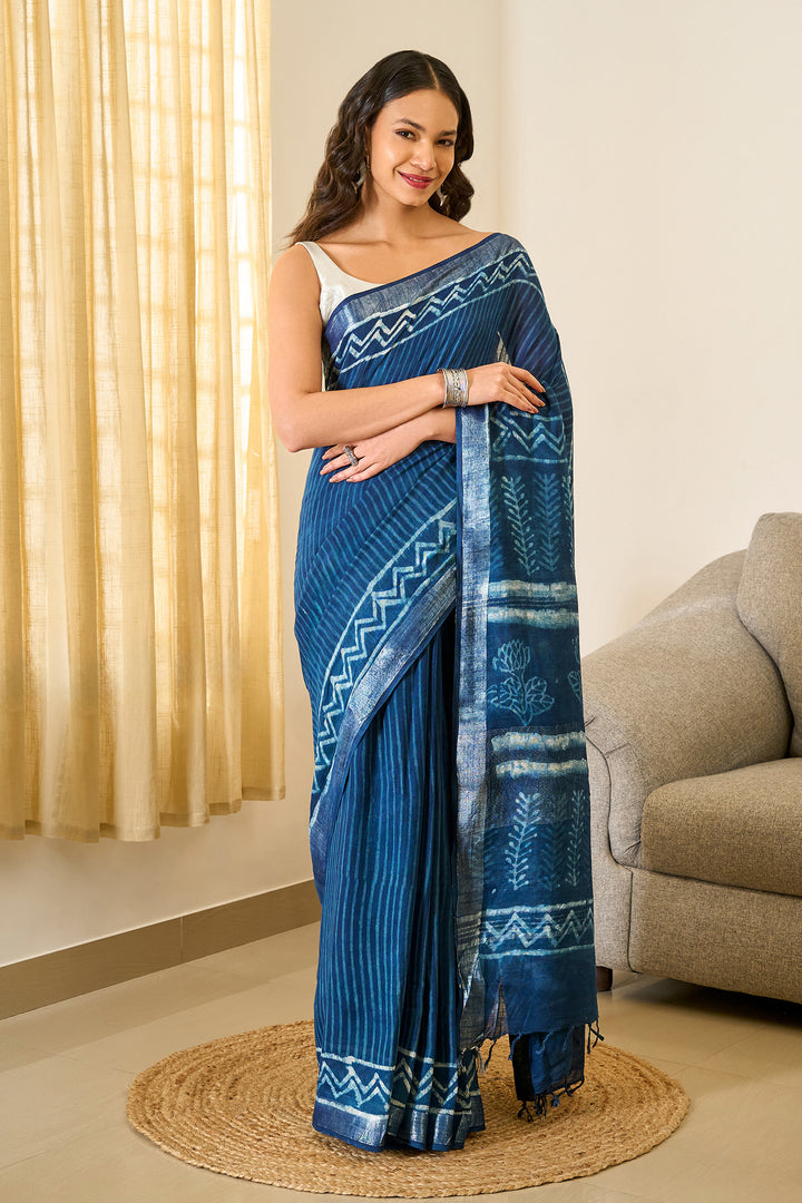 Teejh Pravani Indigo Hand Blockprint Saree