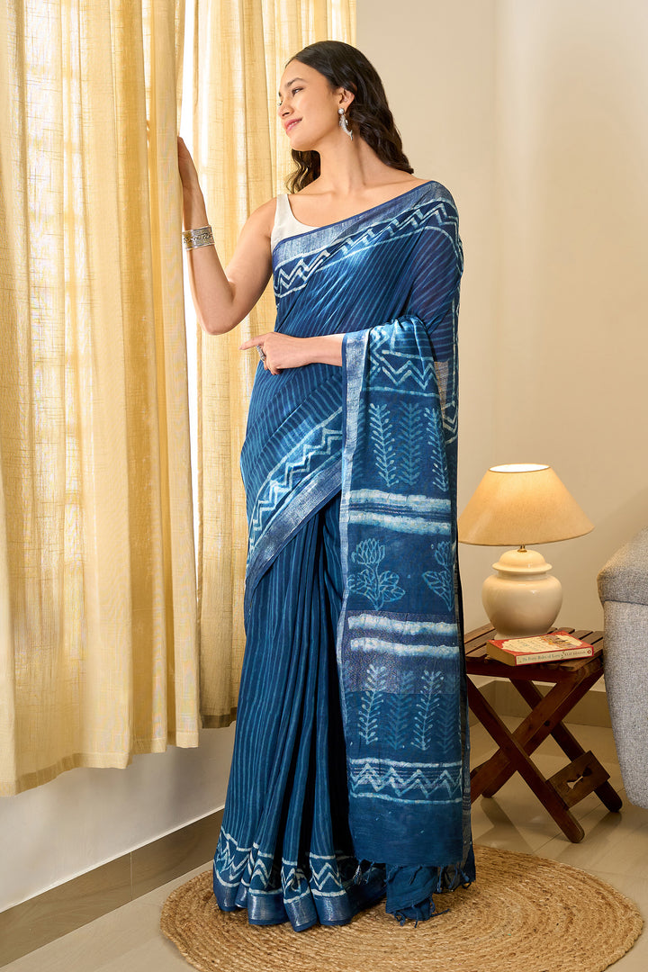 Teejh Pravani Indigo Hand Blockprint Saree