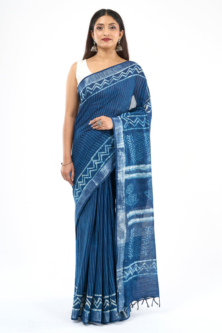 Teejh Pravani Indigo Hand Blockprint Saree