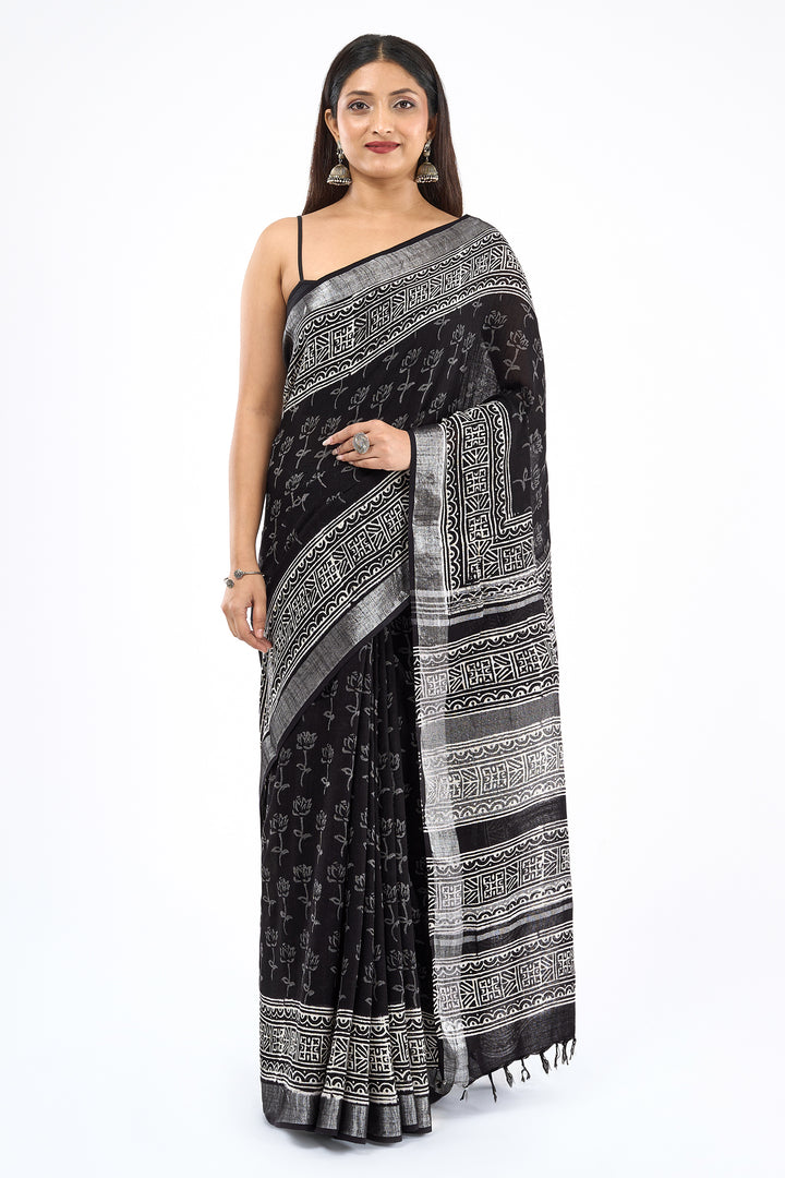 Teejh Chitrani Black Hand Blockprint Saree