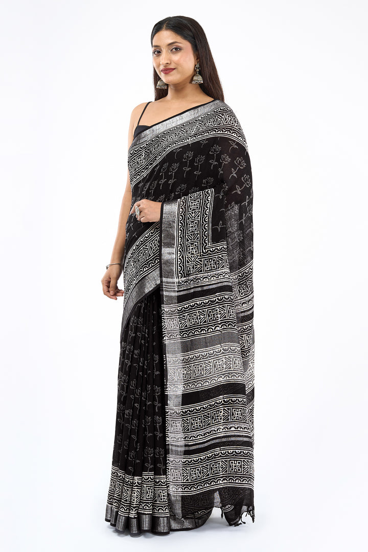 Teejh Chitrani Black Hand Blockprint Saree
