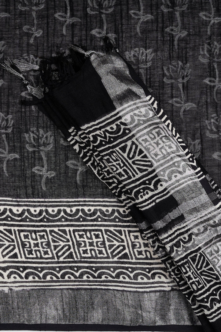 Teejh Chitrani Black Hand Blockprint Saree