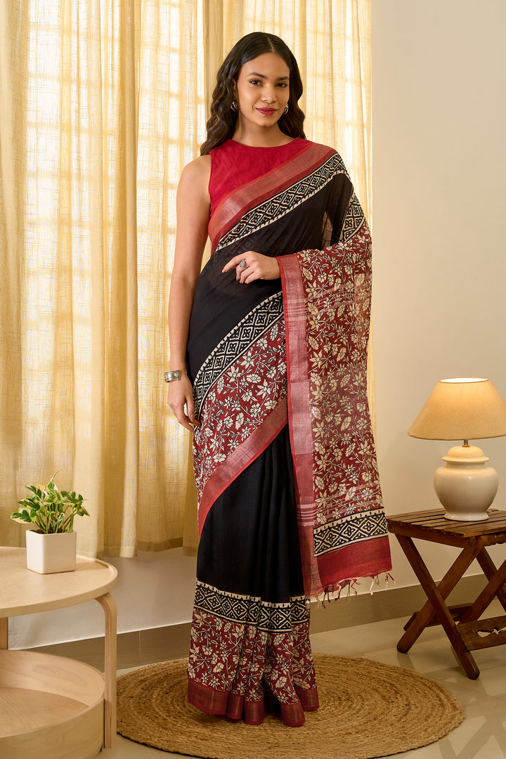 Teejh Sharika Black &amp; Red Hand Blockprint Saree