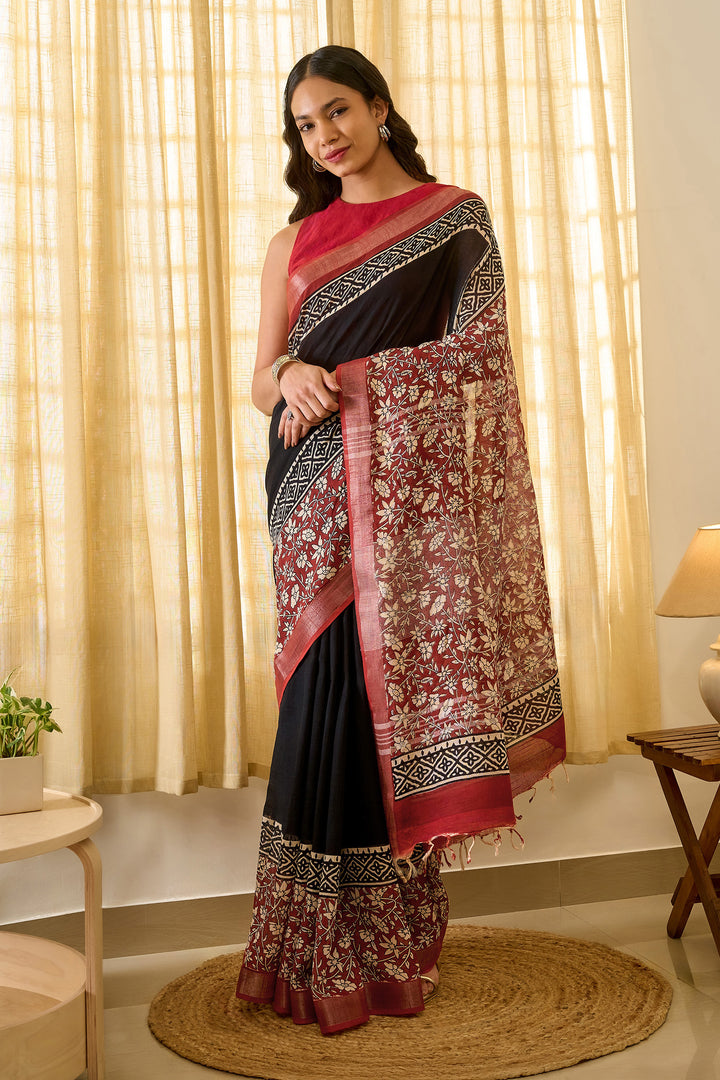 Teejh Sharika Black &amp; Red Hand Blockprint Saree