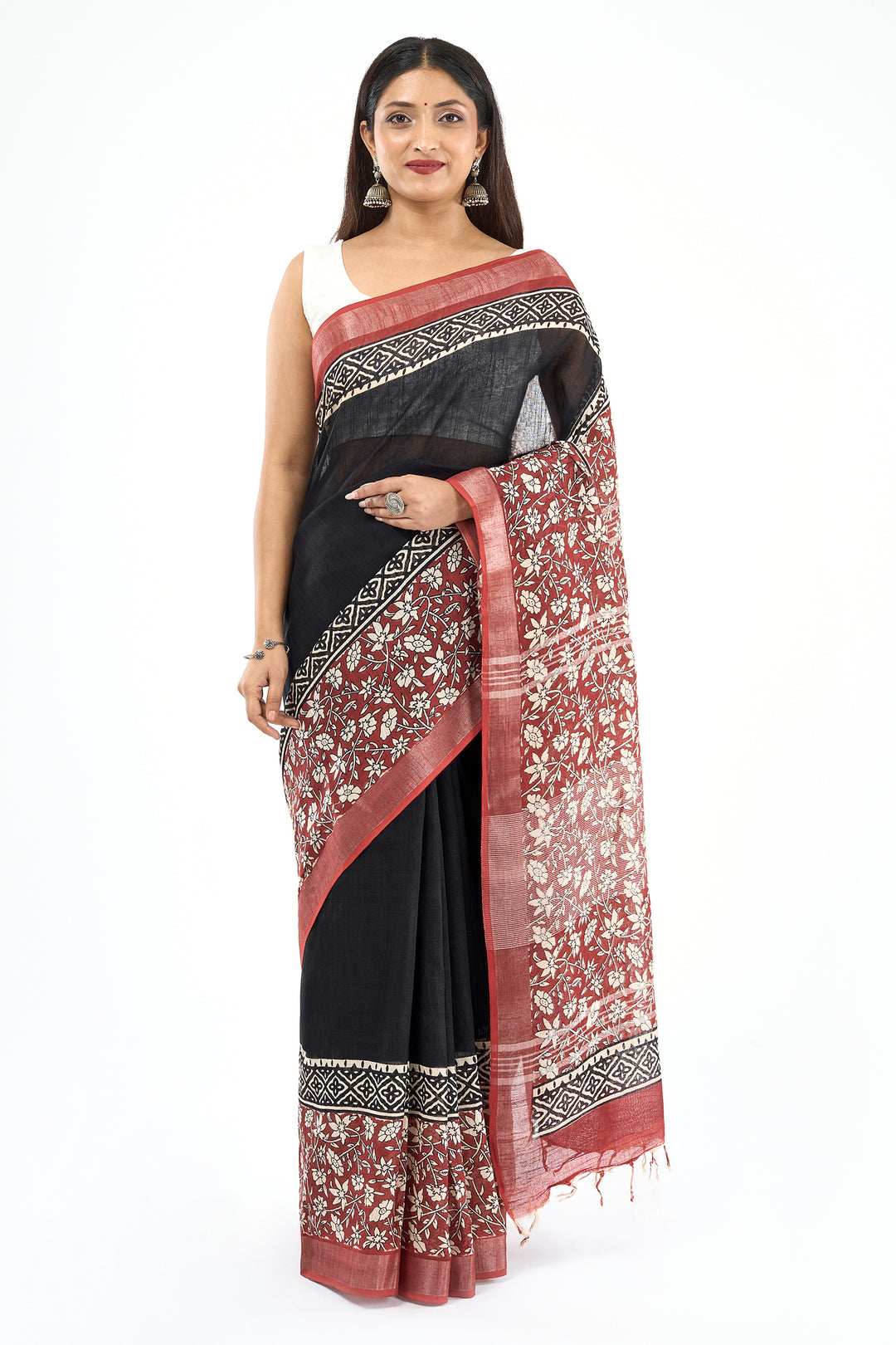 Teejh Sharika Black &amp; Red Hand Blockprint Saree